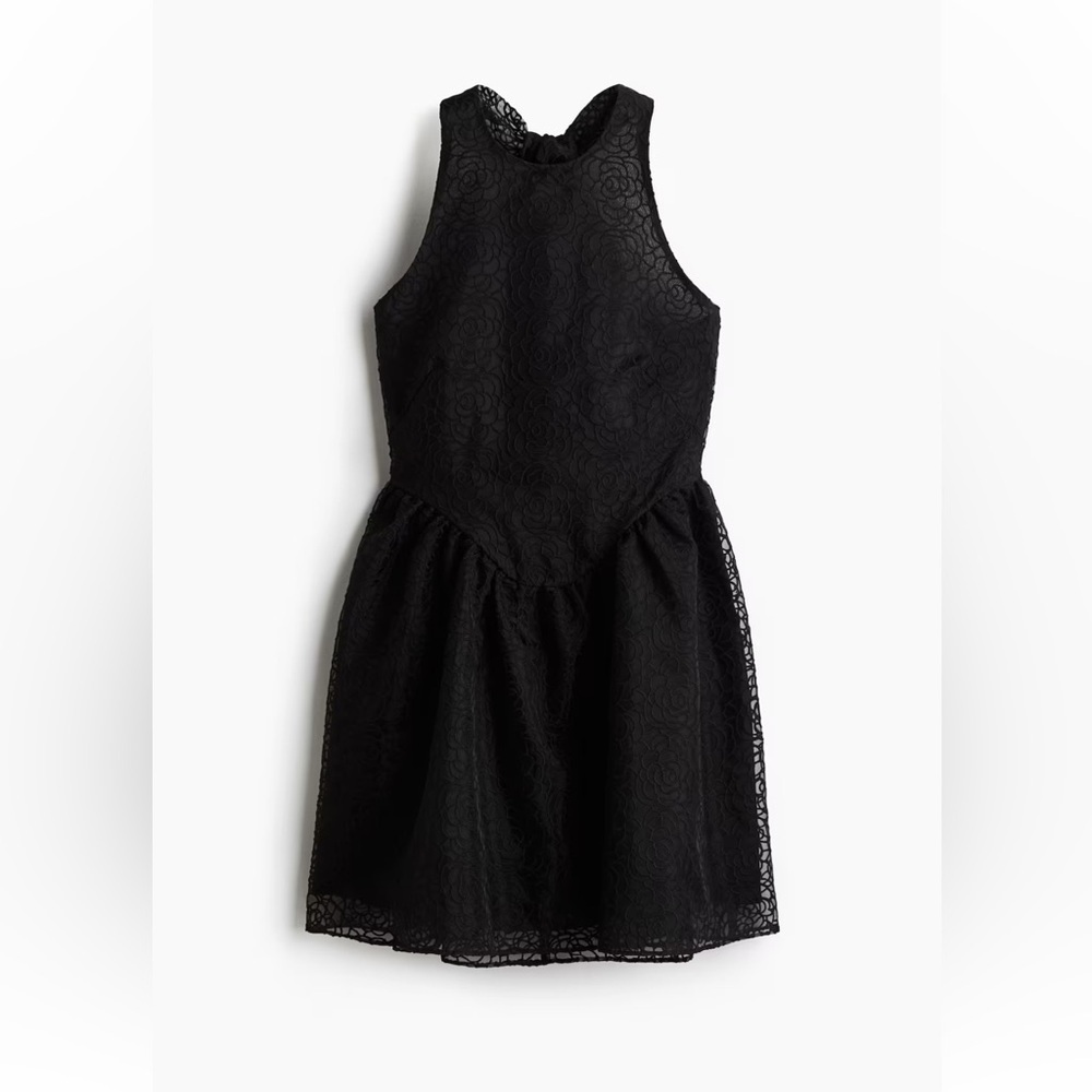 H&M EMBROIDERED HALTERNECK BLACK TEXTURED MINI DRESS - Picture 4 of 10